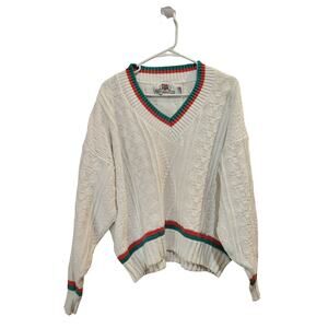 Vintage American Portrait White Textured Knit Cozy Pullover V-Neck Sweater Large